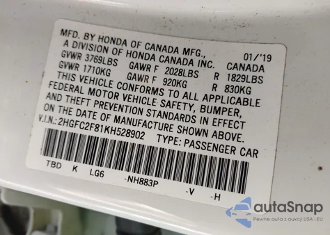 2019 Honda Civic Sport из США, поврежденный, VIN 2HGFC2F81KH528902